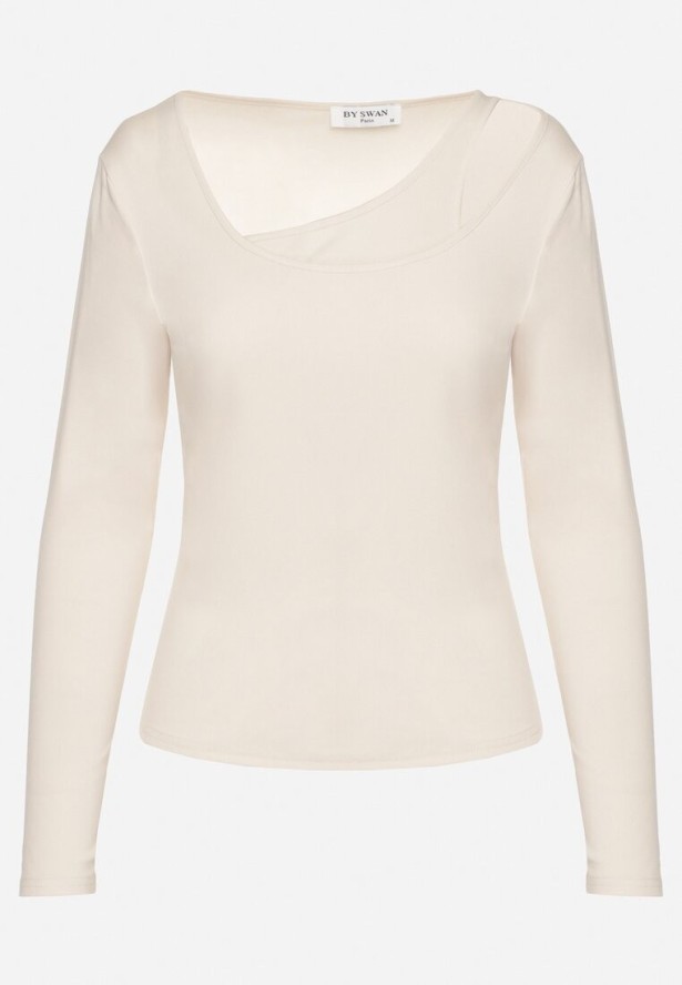 Beżowa Bluzka z Asymetrycznym Dekoltem Tatelia