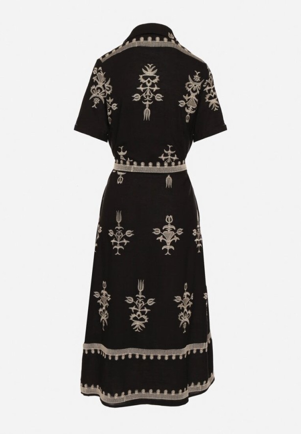 Czarna Wiskozowa Sukienka Koszulowa z Haftowanym Wzorem i Paskiem Divalis