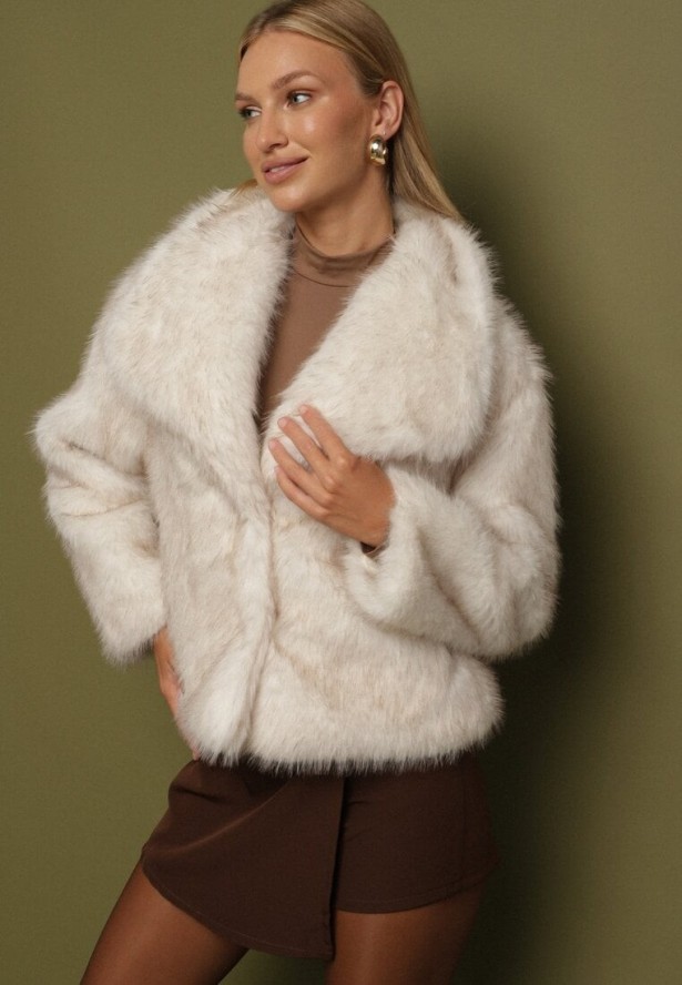 Beżowa Kurtka Futerko z Ozdobnym Kołnierzem Devrenna