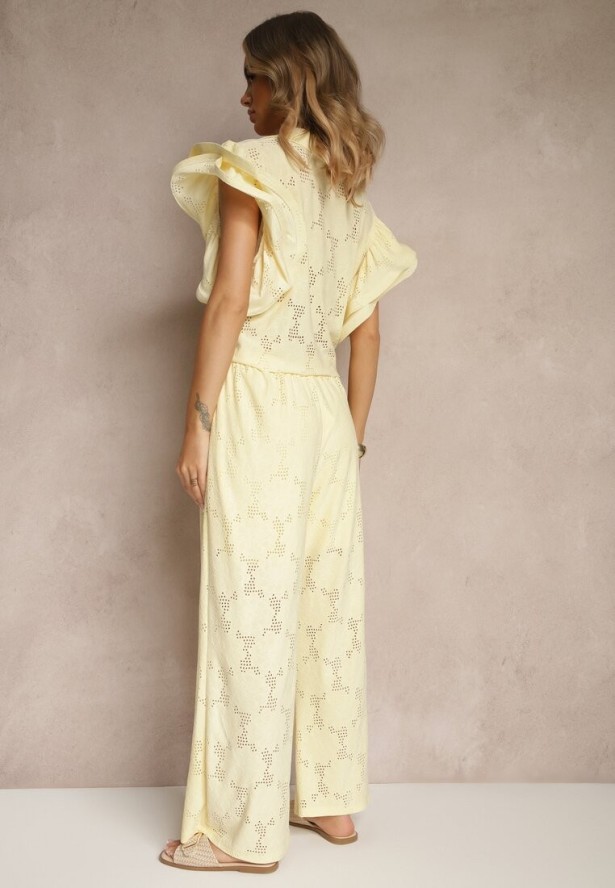 Żółty Komplet Ażurowy Bluzka o Koszulowym Kroju i Spodnie z Szeroką Nogawką Linaniria