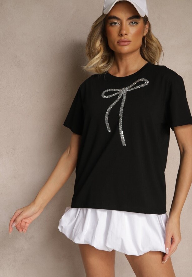 Czarny Bawełniany T-shirt z Cekinową Aplikacją w Kształcie Kokardy Tenuria