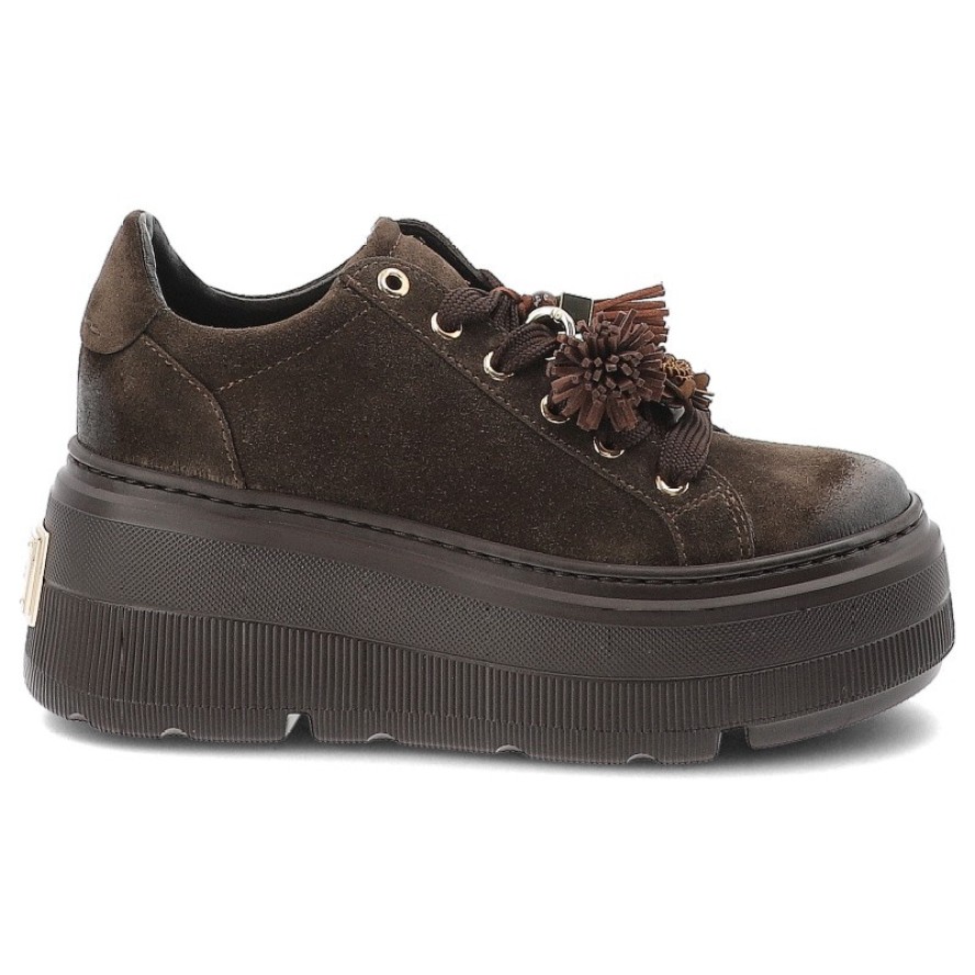 Sneakersy damskie Chebello, ze skóry naturalnej z cholewką o zamszowym wykończeniu i ozdobnymi frędzlami przy sznurowaniu, brązowe, 5002_-268-000-PSK