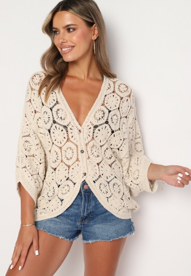 Beżowy Bawełniany Kardigan Narzutka Zapinana na Guziki Nelvitela