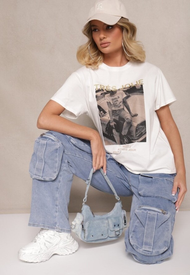 Biały Bawełniany T-shirt z Brokatem i Nadrukiem Nalamis