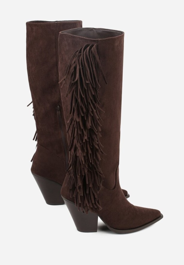Ciemnobrązowe Kozaki Kowbojki na Stożku z Imitacji Zamszu Zdobione Frędzlami Rabella