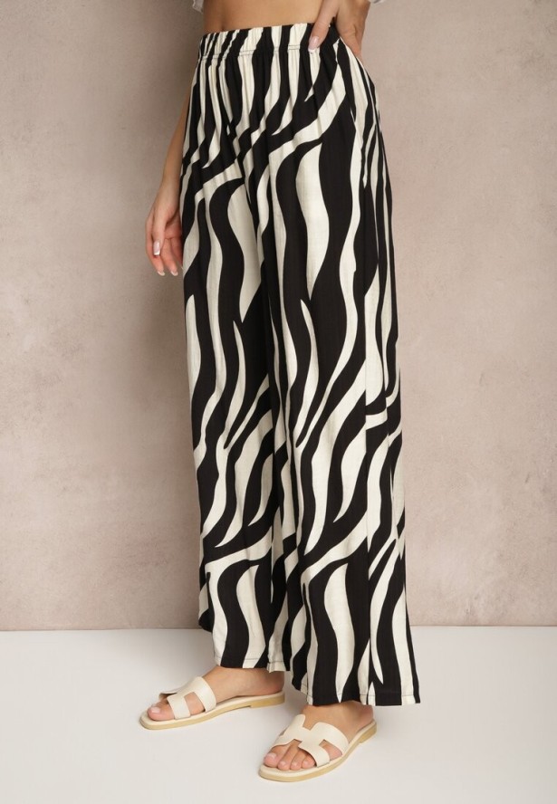 Czarno-Białe Spodnie o Szerokim Kroju High Waist Ozdobione Paskami Lisamelia