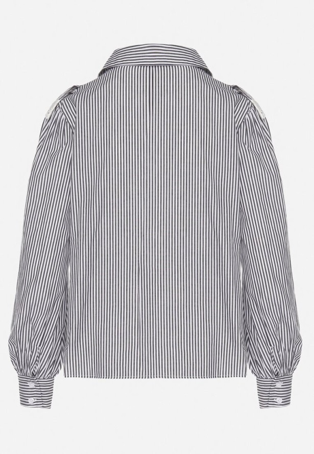 Czarna Bawełniana Koszula w Paski z Ozdobnym Dekoltem z Falbanką Paleriella