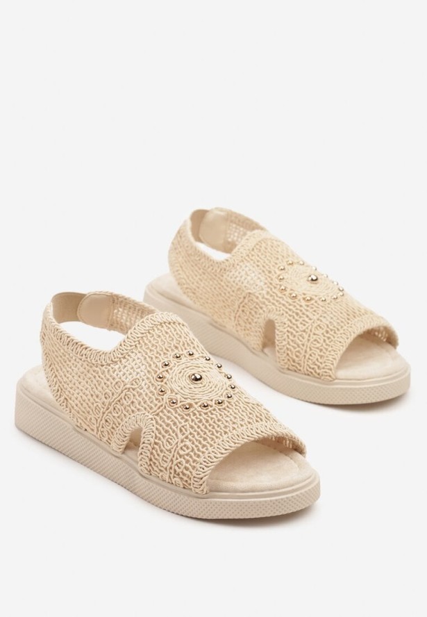 Beżowe Szydełkowe Sandały z Elastycznym Paskiem i Metaliczną Aplikacją Mailisa