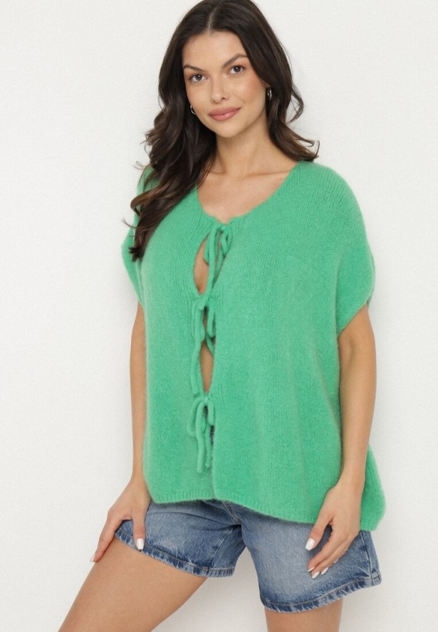 Zielona Kamizelka Narzutka z Moherem Wiązana z Przodu Vikilana