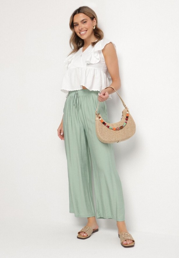 Miętowe Szerokie Spodnie Palazzo z Wysokim Stanem i Wiązaniem Myrlevia