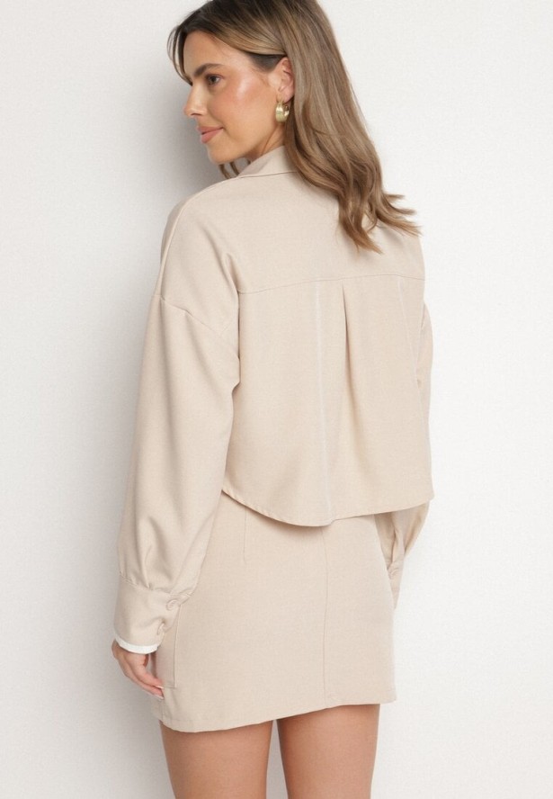 Beżowy Komplet Koszula i Spódnica z Imitacją Kieszeni Zensedi