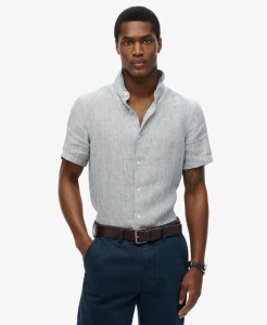 superdry Koszula Vacation lniana krótki rękaw Navy Ticking Linen