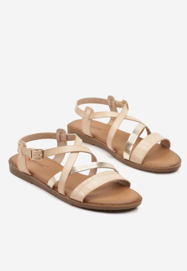 Beżowe Sandały na Płaskiej Podeszwie z Przeplatanymi Paskami Winaria