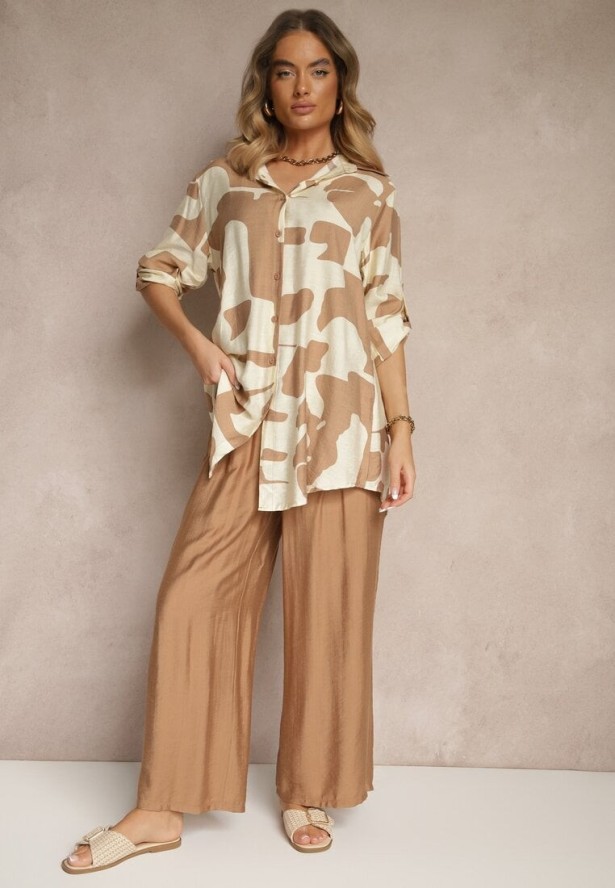 Jasnobeżowy Komplet z Wiskozą Spodnie i Koszula w Geometryczny Wzór Rinaloria