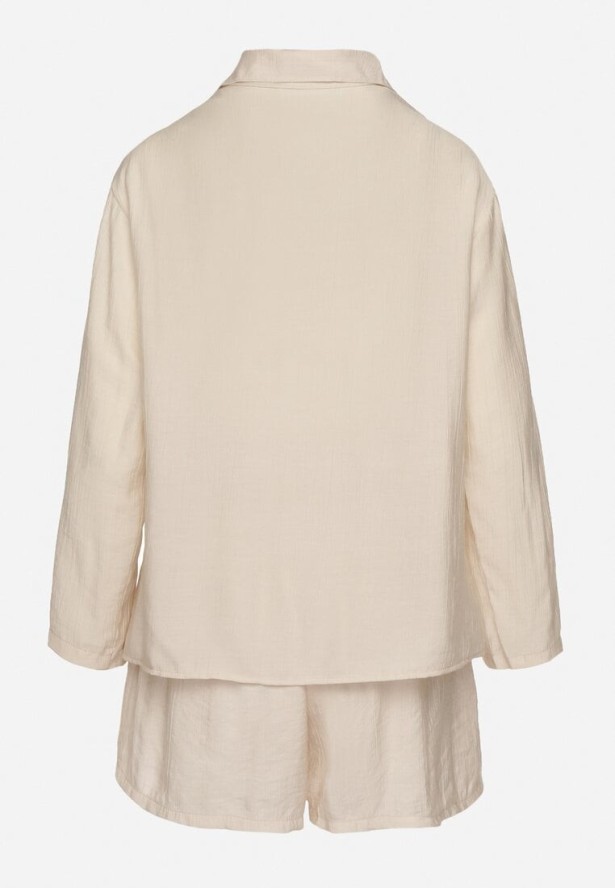 Beżowy Komplet z Wiskozy Koszula z Długim Rękawem i Szorty z Gumką w Pasie Efralice