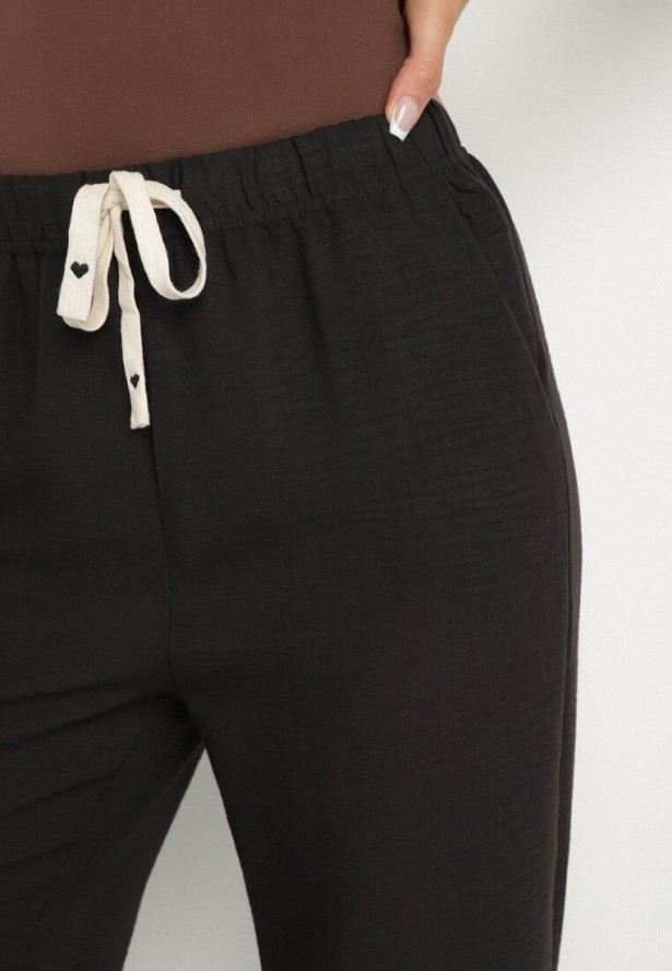 Czarne Spodnie o Szerokim Kroju z Gumką i Wiązaniem w Talii Mirastra