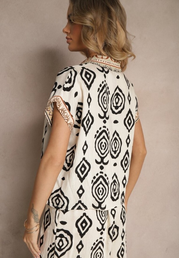 Beżowo-Czarna Koszula na Krótki Rękaw z Wiskozą Zdobiona Ornamentalnym Wzorem Animira