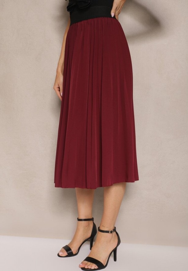 Bordowa Casualowa Spódnica Plisowana z Gumką w Pasie Velentina