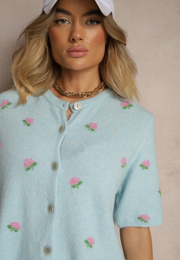 Niebieski Wzorzysty Sweter Kardigan z Krótkim Rękawem z Dodatkiem Wełny Korivelle