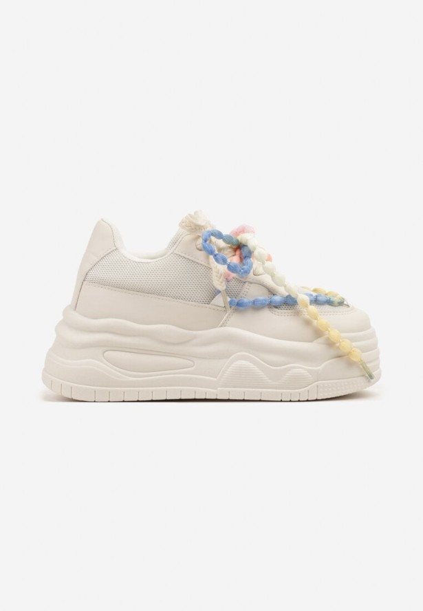 Beżowe Sneakersy na Grubej Podeszwie Ozdobione Koralikami Amomera