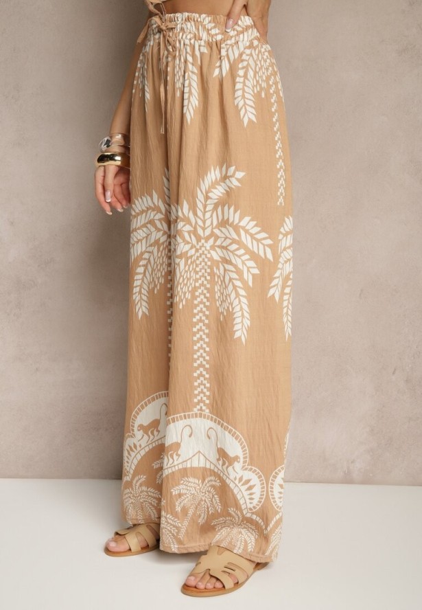 Ciemnobeżowe Spodnie z Wiskozy o Szerokim Kroju High Waist z Palmami Varritia