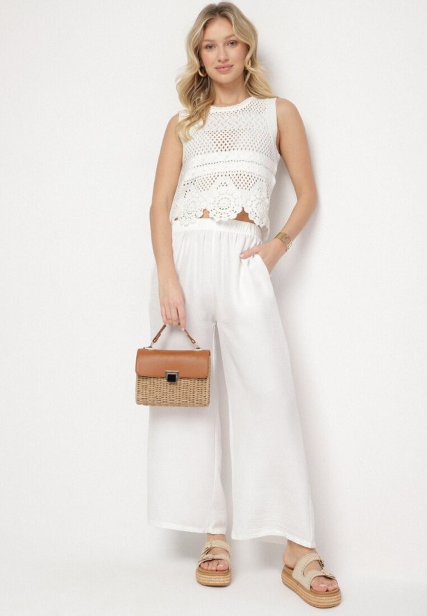 Białe Szerokie Spodnie Palazzo z Wysokim Stanem Aranwenna