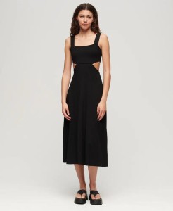superdry Sukienka midi z wycięciem z dzianiny – Czarna – Black
