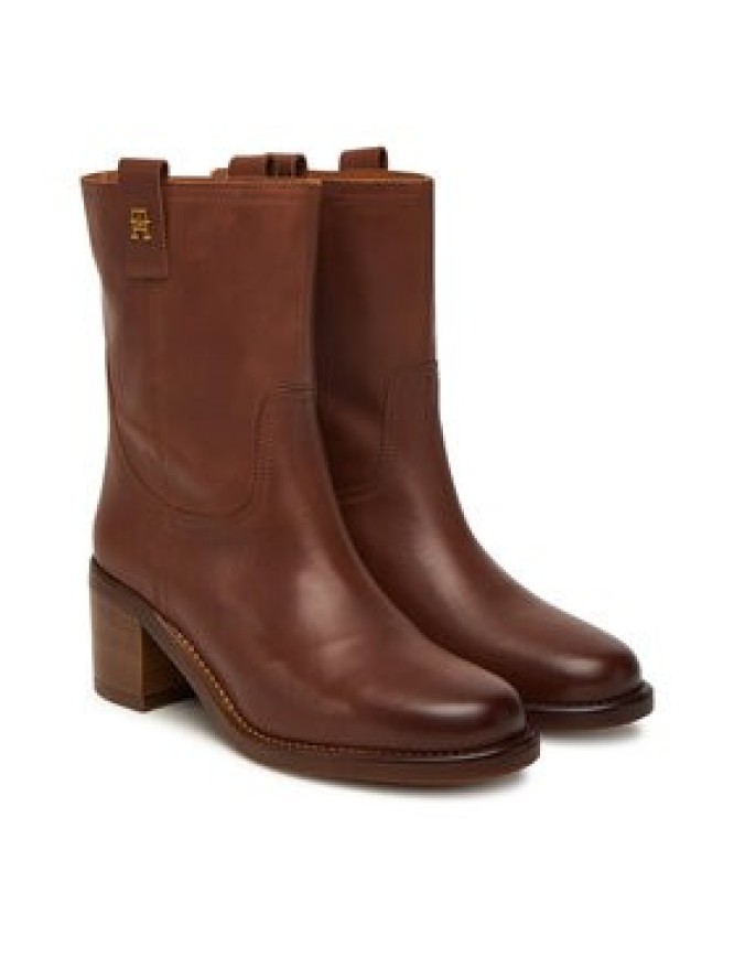 Tommy Hilfiger Botki Riding Lthr Mid Boot Block Heel FW0FW08776 Brązowy