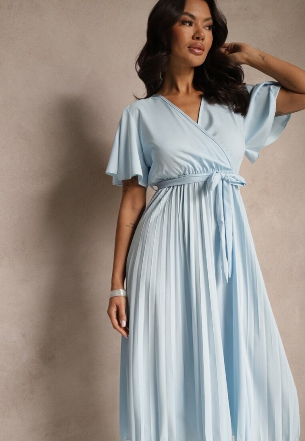 Jasnoniebieska Sukienka Wiązana w Talii z Plisowaniem na Dole Dorseki