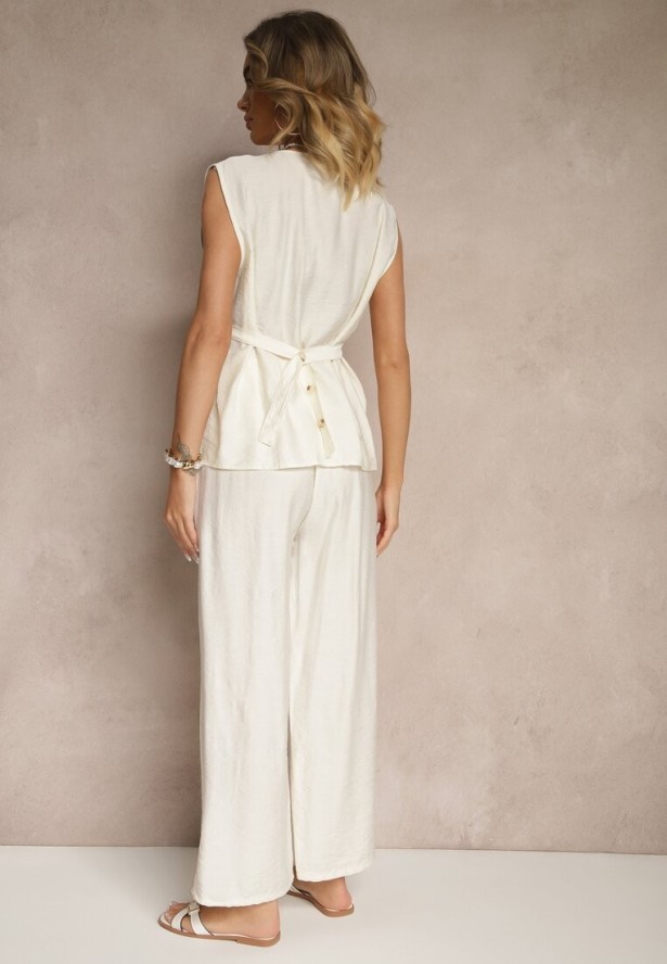 Jasnobeżowy Komplet Spodnie i Bluzka z Regulacją w Talii Zapinana na Guziki Dovanelle