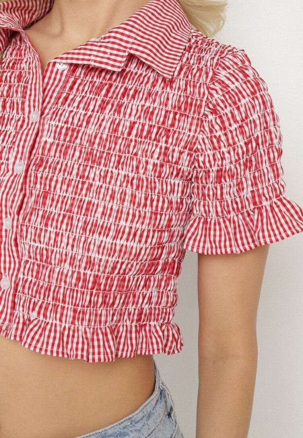 Czerwona Elastyczna Koszula w Kratkę Vichy o Krótkim Kroju Sovzeri