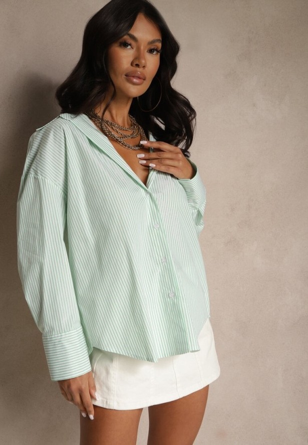 Zielona Koszula z Bawełny o Kroju Oversize w Paski z Metalicznymi Zdobieniami Pasenitia