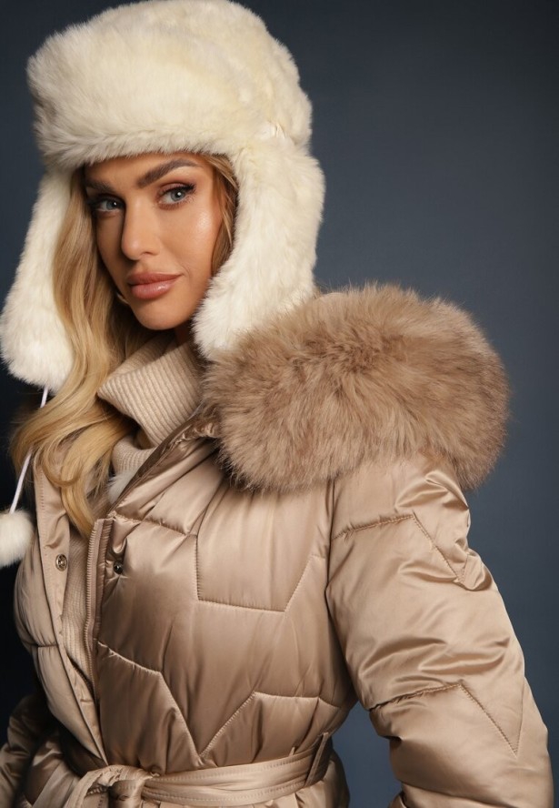 Beżowa Długa Kurtka Pikowana z Odpinanym Kołnierzem i Paskiem Rinarella