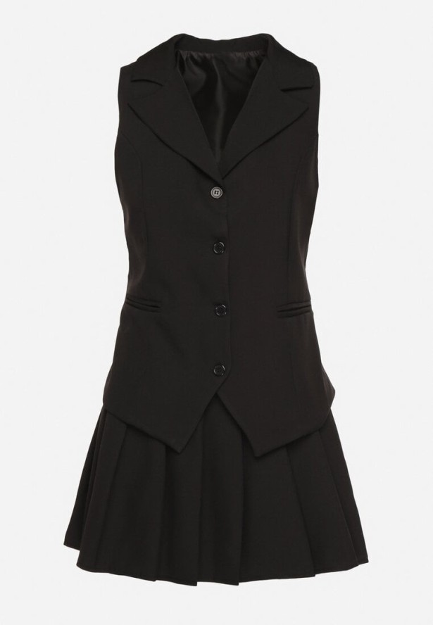 Czarny Komplet Garniturowy Kamizelka i Plisowana Spódnica Ivelkio