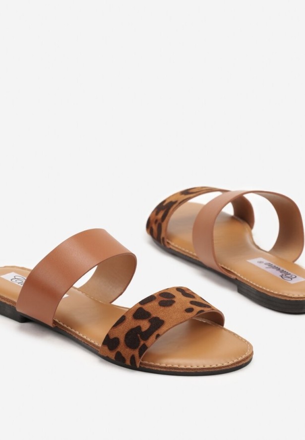 Panterkowe Minimalistyczne Klapki na Płaskiej Podeszwie z Podwójnym Paskiem Dorese