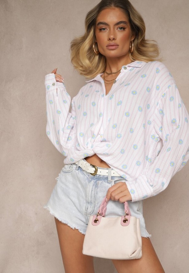 Różowo-Niebieska Koszula z Bawełny w Prążki Zdobiona Kwiatowym Wzorem Apiola