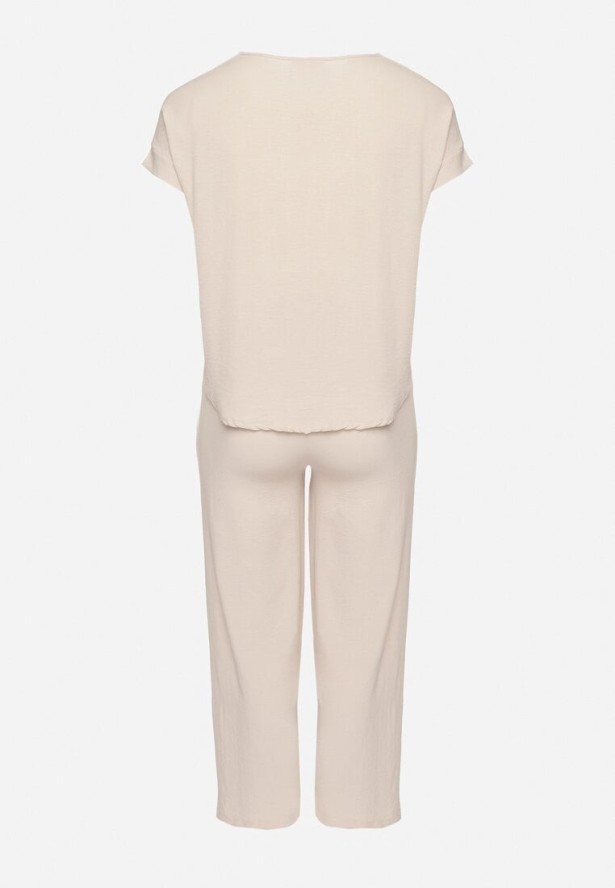 Jasnobeżowy Komplet o Fasonie Oversize Bluzka i Szerokie Spodnie Amisora