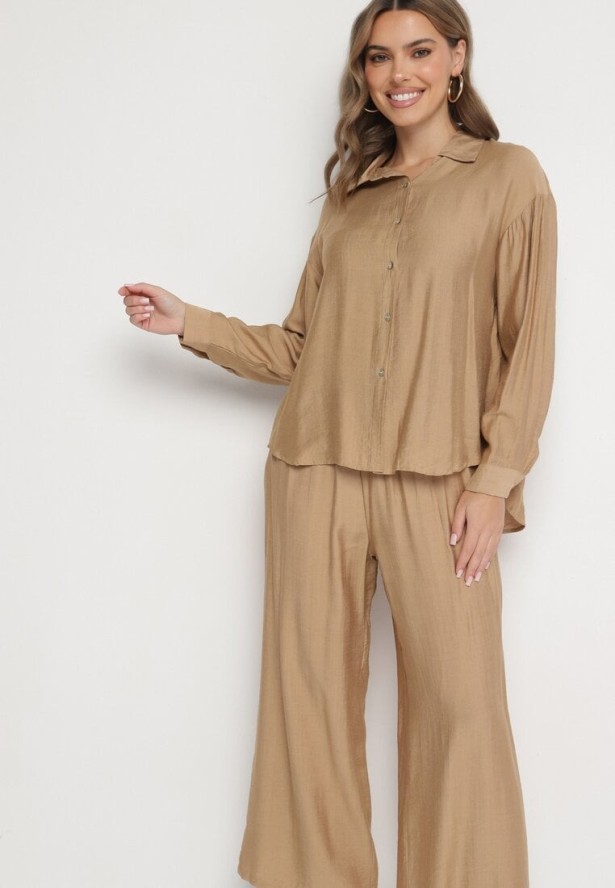 Ciemnobeżowy Wiskozowy Komplet z Koszulą i Spodniami o Szerokim Kroju Eleaviana