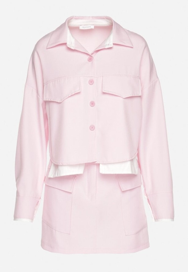 Różowy Komplet Koszula i Spódnica z Imitacją Kieszeni Zensedi