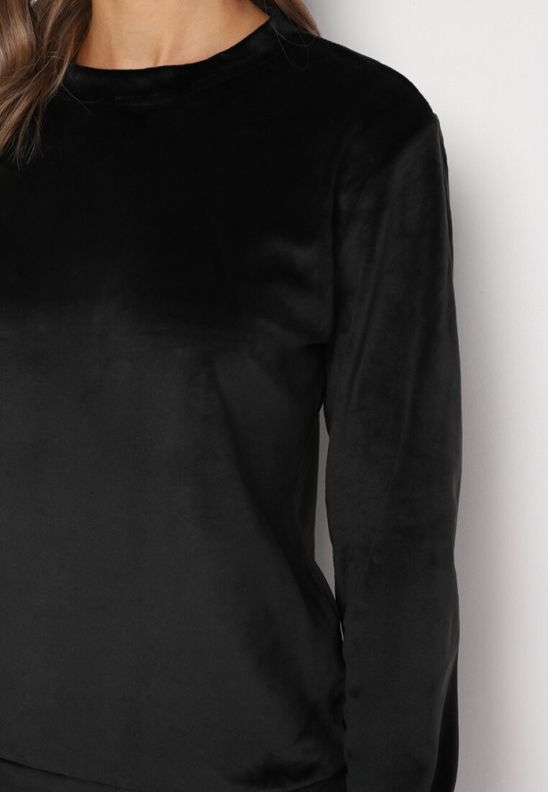 Czarny Komplet Dresowy z Dodatkiem Bawełny Bluzka i Spodnie z Gumką w Talii Evalora