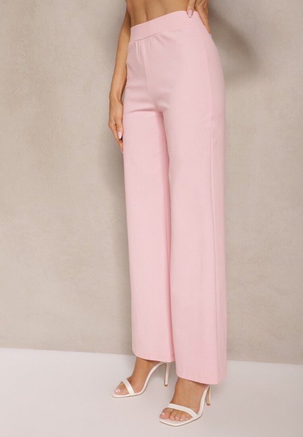 Różowy Komplet Top Bandeau Zdobiony Guzikami i Spodnie o Szerokim Kroju Palarienna