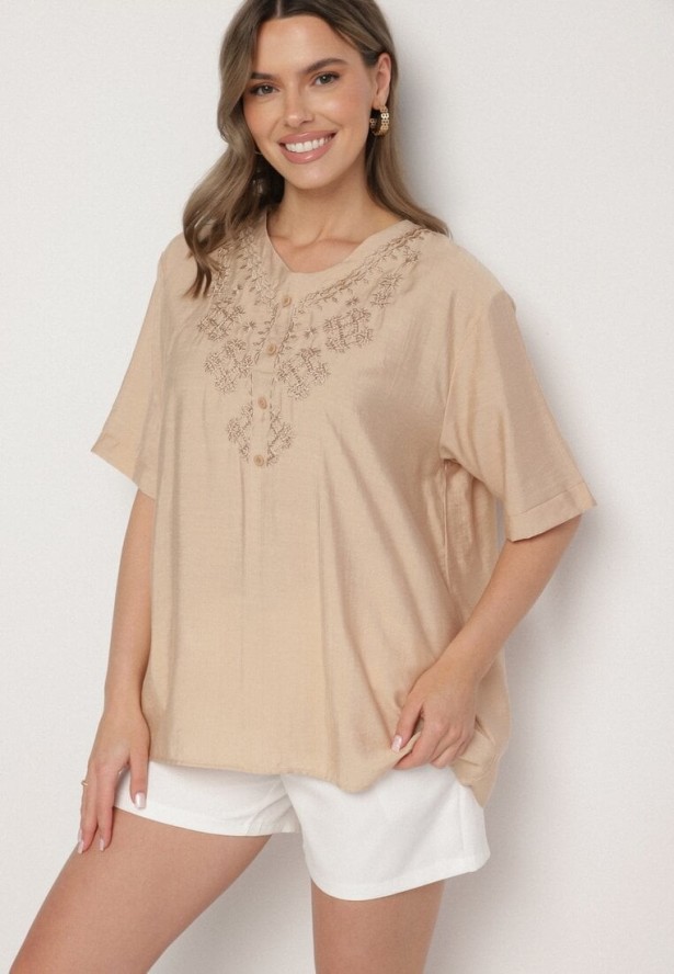 Beżowa Bawełniana Bluzka z Ozdobnym Haftem Rinevra