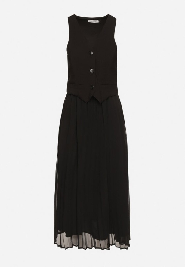 Czarna Plisowana Sukienka z Wiskozy z Wszytą Kamizelką Silanda