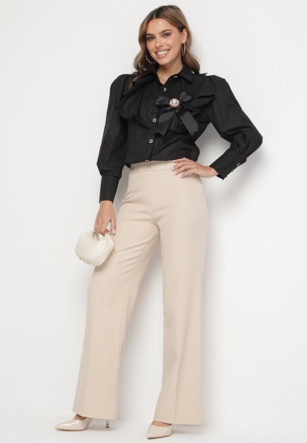 Czarna Koszula Zapinana na Ozdobne Guziki z Kokardką Olliana