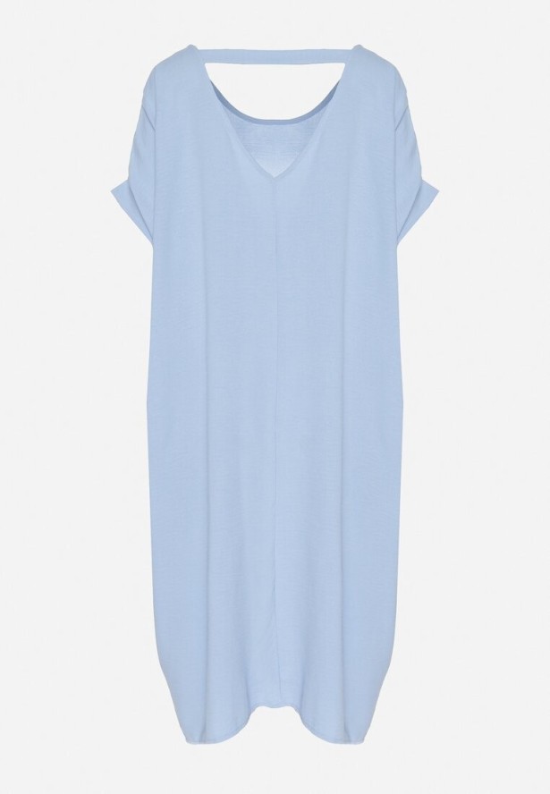 Niebieska Mini Sukienka z Krótkim Rękawem o Fasonie Nietoperza Kharson