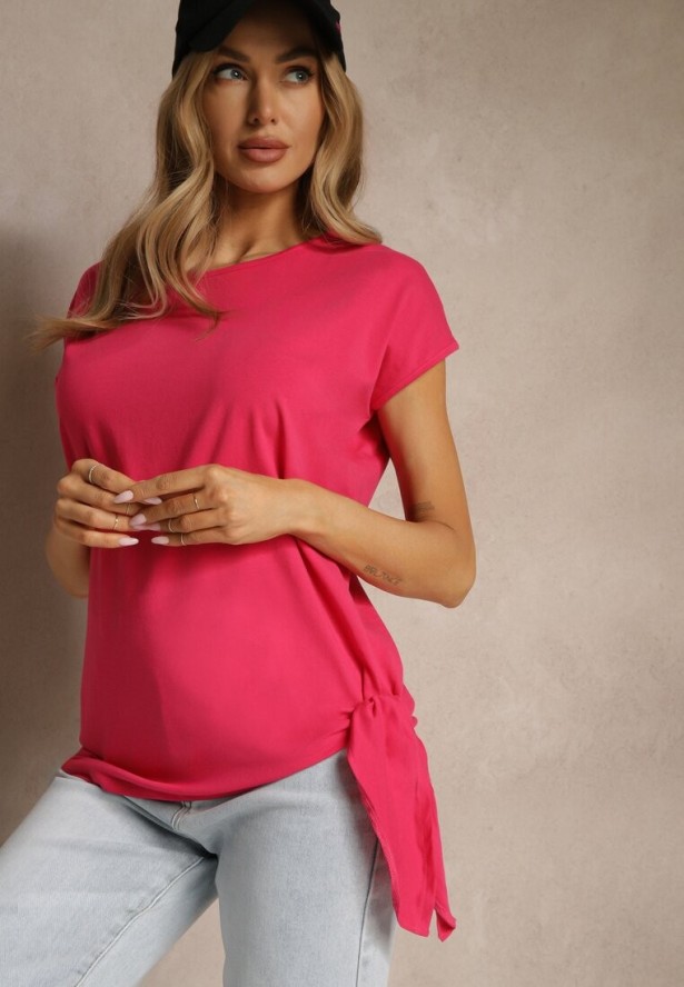 Różowy T-shirt z Bawełny z Ozdobnym Wiązaniem Termio