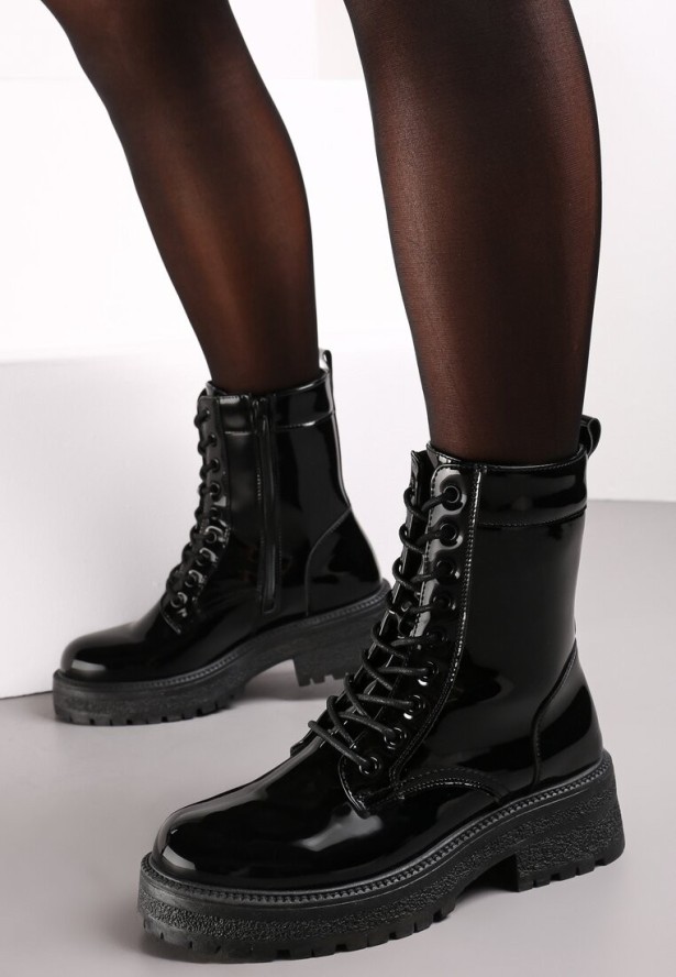 Czarne Lakierowane Botki Workery Ralotta