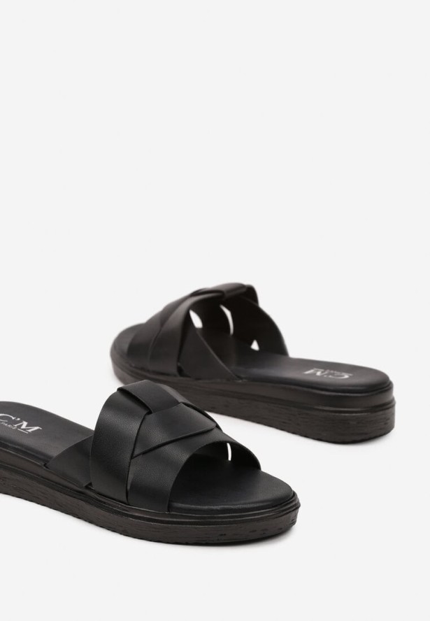 Czarne Klapki na Płaskiej Podeszwie z Ozdobnymi Paskami Noniriel