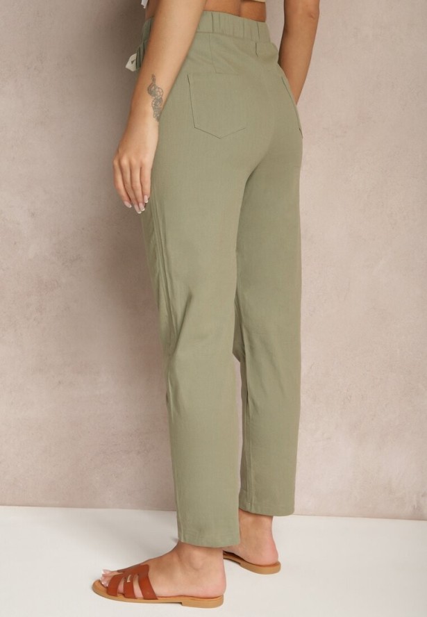 Zielone Spodnie z Bawełny Ozdobione Wiązaniem Zentebis