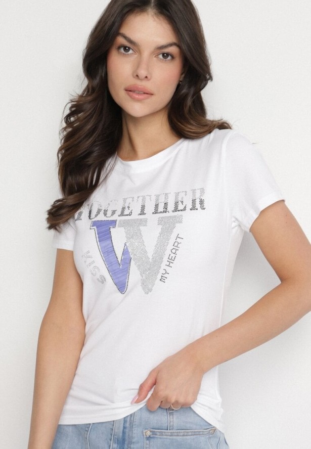 Biały T-shirt z Bawełny Ozdobiony Napisem i Cyrkoniami Raltebis